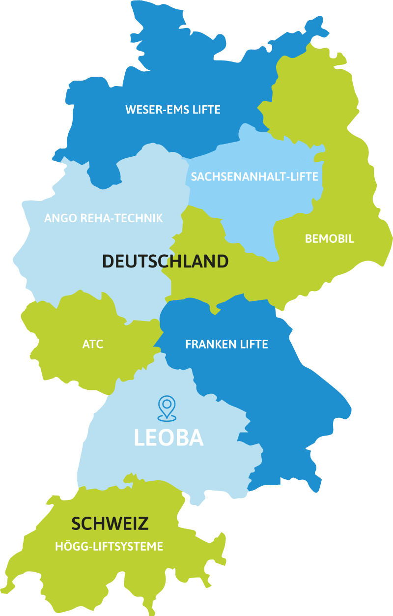 Deutschlandkarte + die Schweiz, mit den Standorten der 8 renommierten Treppenliftunternehmen der Liftunion